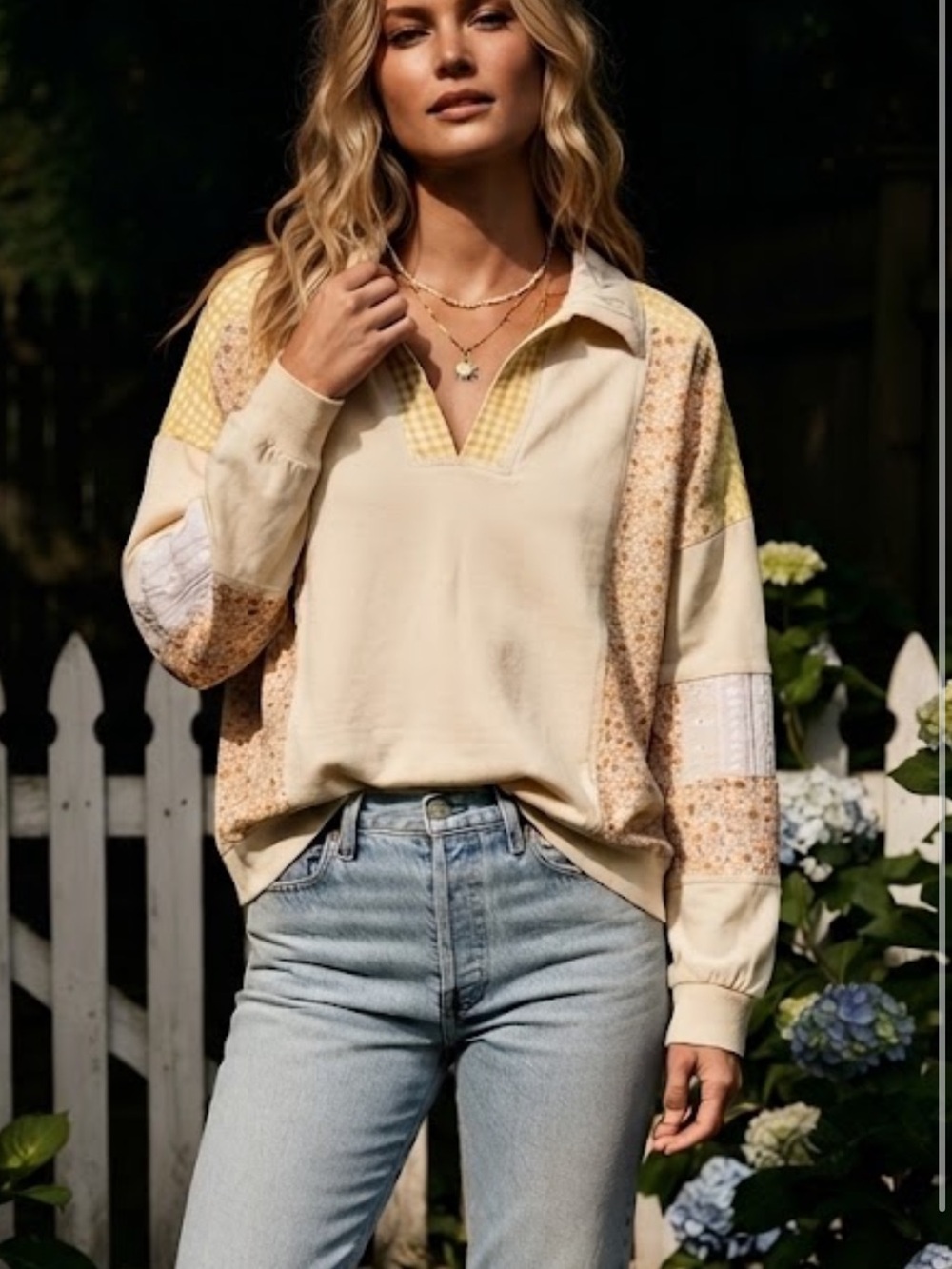 easel Cream and yellow and peach Patchwork V-Neck Pullover Sweatshirt
